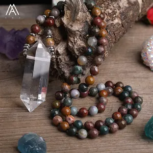 Ocean Agate Mala Necklace ,Prayer Beads , healing Clear Crystal Quartz Double Point Pendant Yoga Necklaces