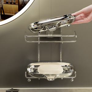 Wall Mounted Double Layer Stainless Steel Soap Dish Drainable Bathroom Shelf Rectangular Electroplated Silver - Product Image 1
