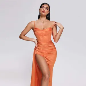 Hot Sale Fashion Design Orange Strappy Satin Corset Gown Women High Stress Summer Prom Birthday Evening dresses