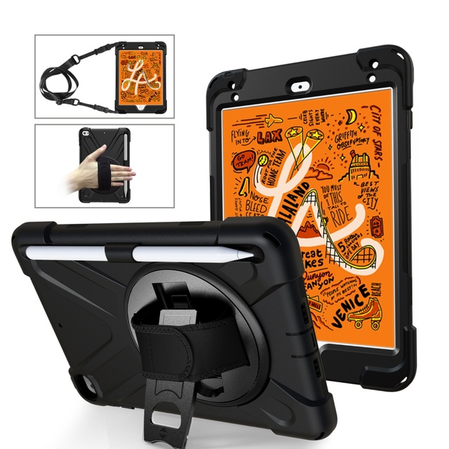 For iPad Mini 5 Case With Shoulder Belt Kids Adjustable Hand Strap Kickstand Rugged Case 7.9 Inch Silicone Cover