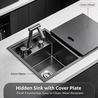 Évier de cuisine en acier inoxydable SUS304 45x38cm avec couvercle rabattable noir dissimulé pour préparation, rinçoir à verres, double égouttement, personnalisable OEM