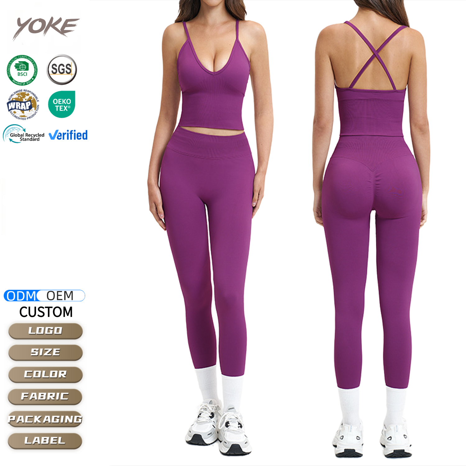 YK Customized Logo Workout Wear Breathable Cross Strap V-neck Yoga Tank Top High Waist Hip Lifting Seamless Gym Fitness Yoga Set