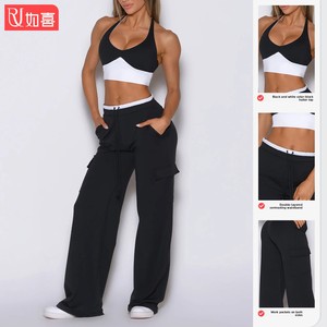 Nouvel ensemble deux pièces de yoga transfrontalier à motif uni, respirant, avec <span class=keywords><strong>soutien</strong></span>-<span class=keywords><strong>gorge</strong></span> et pantalon large sculptant, col montant contrastant - Product Image 3