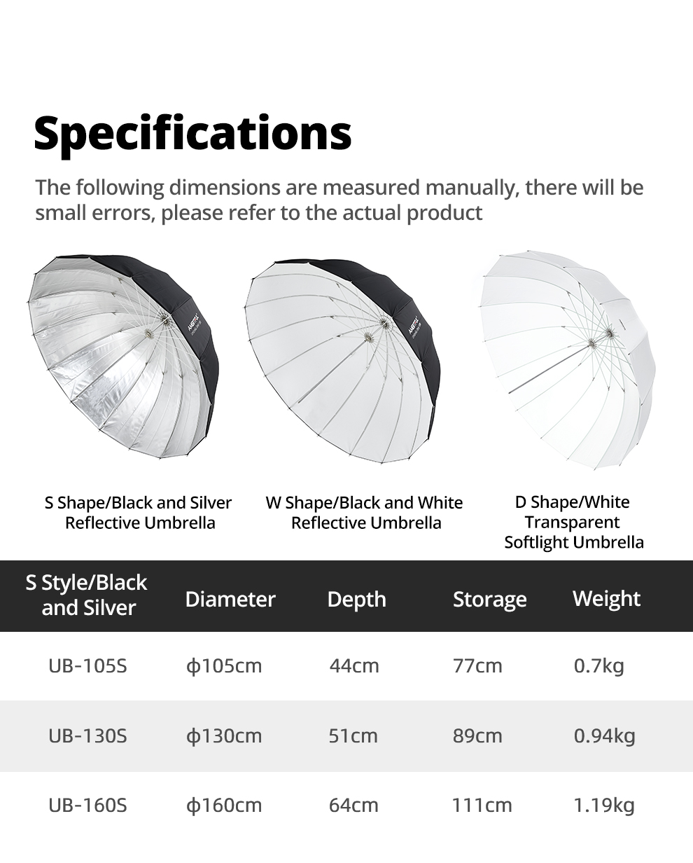 AMBITFUL 105cm 130cm 160cm Deep Parabolic Black Silver White Reflective Umbrella Studio Light Umbrella Diffuser Cover Cloth