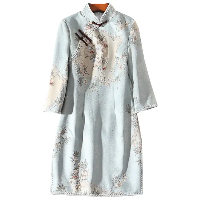 Elegant China Style Chinese Long Sleeve Cheongsam Women Casual Dress