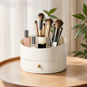 Boîte de rangement cosmétique avec tiroir, organisateur de maquillage en plastique blanc pour pinceaux, rouge à lèvres et bijoux - Product Image 1