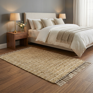 Tapis d'intérieur rectangulaire en jute rayé fait main, à poils ras, style bohème, tissage plat, pour chambre à coucher, avec bordure à franges - Product Image 2