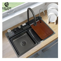 LED Digital Nano Handmade Modern 304 Stainless Steel Single-Slot Waterfall Faucet Undermount Smart Multifunction Kitchen Sink