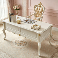 Ensemble de chaise et bureau d'écriture de luxe européen, en bois massif sculpté à la main, avec finition dorée, table d'étude crème, mobilier de bureau à domicile, vente en gros
