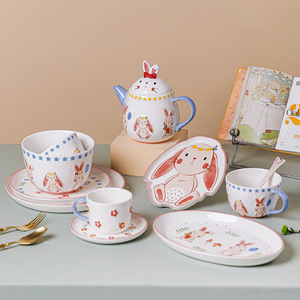 Service de table de Pâques en céramique motif lapin de dessin animé : tasses, assiettes à poisson, bols à riz, théières, tasses, assiettes - Product Image 4