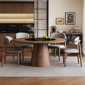Table à manger en bois massif avec plaque rotative, cuisinière à induction, activation vocale intelligente, grande table à manger en bois QY-336 - Product Image 3