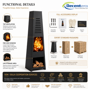 Obelisco Alto e Affusolato Nero Opaco con Ventole Orizzontali, Finestra in Vetro, Nicchia Portaoggetti in Legno, Braciere da Esterno in Ferro - Product Image 2