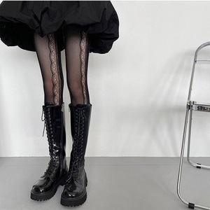 Lolita Style Hollowed Out Vertical Stripe Lace Heart Stockings For Women Ultra Thin 0D Transparent Black And White Netting - Product Image 2