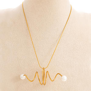 European And American <b>Cross</b> Border Curved Hollow Stainless Steel Necklace With Pearl Pendant 18K Gold Clavicle <b>Chain</b> For Women - Product Image 2