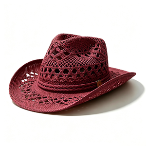 Wholesale Hollow Cowboy Straw <b>Floppy</b> <b>Hat</b> Unisex Wide Brim Breathable Open Weave Beach Sun Custom Logo Summer Travel - Product Image 3