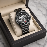 Montre de luxe pour homme, étanche 20m, mécanique à remontage automatique, avec verre squelette, luminescence nocturne, entièrement noire, bracelet en acier inoxydable