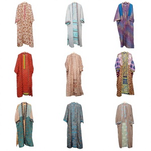 Peignoir Kimono en Satin de Soie 100% Indien Multicolore Assorti, Style Kantha, Vente en Gros, Vêtement de Nuit Fait Main, Robe Longue Patchwork - Product Image 1