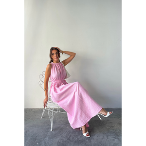Robe maxi sans manches en mousseline rose, taille élastique, robe décontractée, taille S - Product Image 6