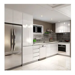 White High Gloss Lacquer L shape modular small kitchen unit cabinet designs