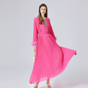 Robe élégante pour femmes Automne Nouvelle Collection Diamant clouté Col Rond Manches <span class=keywords><strong>Poilue</strong></span> Plissée Lâche Longue Robe - Product Image 5