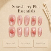 T1693 Kaixin Faux ongles à presser en acrylique, forme ellipse courte, motif fraise rouge et accents de points rouges, pour fête, fournitures pour ongles
