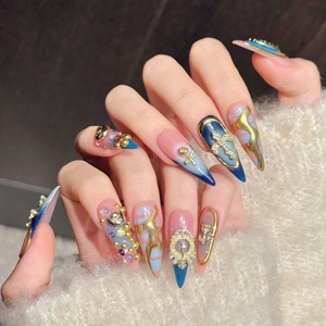 Diseño # 3385 Puntas de <span class=keywords><strong>Uñas</strong></span> Acrílicas de Alta Calidad, Perlas Artificiales, Estilo Vintage, Largas, Tipo Stiletto, Rosa, <span class=keywords><strong>Azul</strong></span>, Dorado, Lujosas, Hechas a Mano, <span class=keywords><strong>Uñas</strong></span> Postizas - Product Image 2