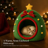 Lit pour animaux de compagnie en forme de sapin de Noël, semi-fermé, pour chat et chien, dôme en peluche chaud pour l'hiver, niche de vacances pour chat
