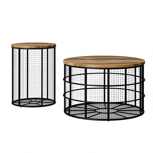 Modern Wire Cage Coffee Table with Removable Wood Top Home Sundries Storage Round Shape Living Room Furniture Black Coated - Product Image 1