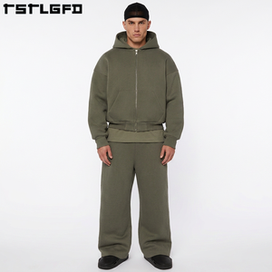 Sustainable Clothing Custom 420gsm Baggy Fleece 100% Cotton Luxury Sweatpants <b>Zip</b> up Hoodie Tracksuit Set for Sweatsuit Men - Product Image 4