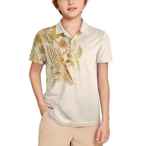 Oem Custom Logo Jongens Polo T-Shirts School Uniform Hibiscus Bloem Polynesische Tribale Print Korte Mouw Poloshirt Voor Kinderen