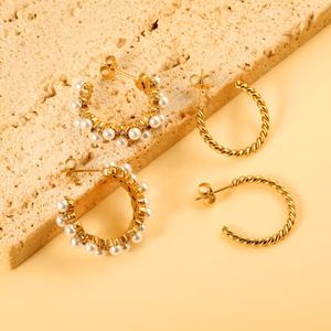 Nouvelles Boucles d'Oreilles Tendance en Acier Inoxydable Plaqué Or PVD 18K, Forme C, Torsadées en Corde, avec Perles, Bijoux Géométriques pour Femme - Product Image 1