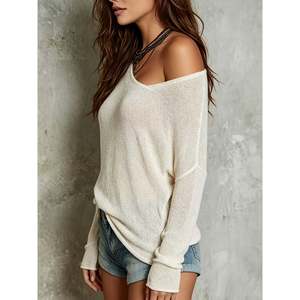 Ivory White <b>Off</b> <b>Shoulder</b> Knit Sweater <b>Long</b> <b>Sleeve</b> Women's Lightweight Open Front <b>Top</b> - Product Image 2