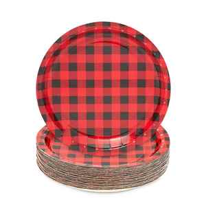 OEM Disposable 9-Inch Round Paper <b>Plate</b> in Modern CMYK Buffalo Plaid Factory Direct for Lumberjack Birthday Party Supplies - Product Image 5