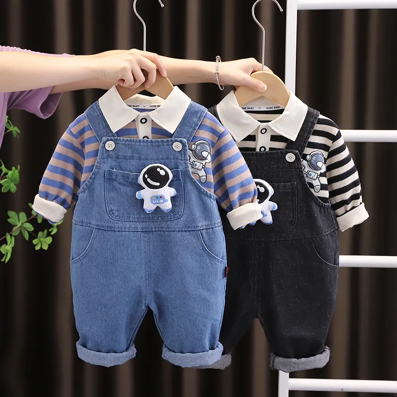 Bebek moda astronot tulum erken sonbahar yeni ürünler çocuk kore versiyonu rahat yaka çizgili üstleri tulum toptan