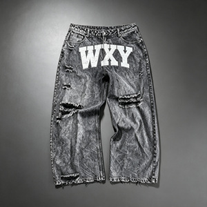 Vaqueros Anchos con Logotipo Personalizado, Lavado Ácido, Efecto Desgastado, Estampado Vintage, Pierna Ancha, Dobladillo Deshilachado, Estilo Y2K, Pantalones de Mezclilla Streetwear - Product Image 3