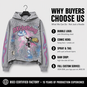 Sudadera Corta Personalizada con Letras Gráficas de Héroes de Cómics en Gris Jaspeado, Estilo Desgastado, 380 g/m², para Marcas, Fabricante OEM ODM - Product Image 4