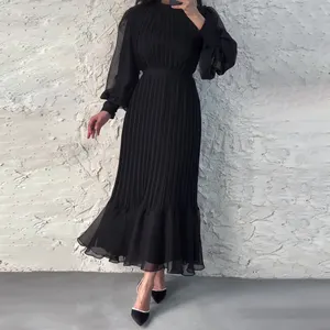 Wholesale Ramadan EID Dubai Modest Muslim Fashion Elegant Pleated Dress Balloon Sleeves Dress Abaya for Muslim Women Hijab Dress