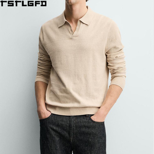 Camiseta Casual de Algodón Ecológico Tejida a Medida para Hombre, Color Beige Avena, Cuello Johnny, Corte Regular, Manga Corta, Puños Acanalados - Product Image 1