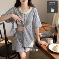 Sweethoney – pyjama en coton biologique pour femmes, respirant, avec coussinets de poitrine, short à manches courtes en dentelle, pyjama décontracté, été