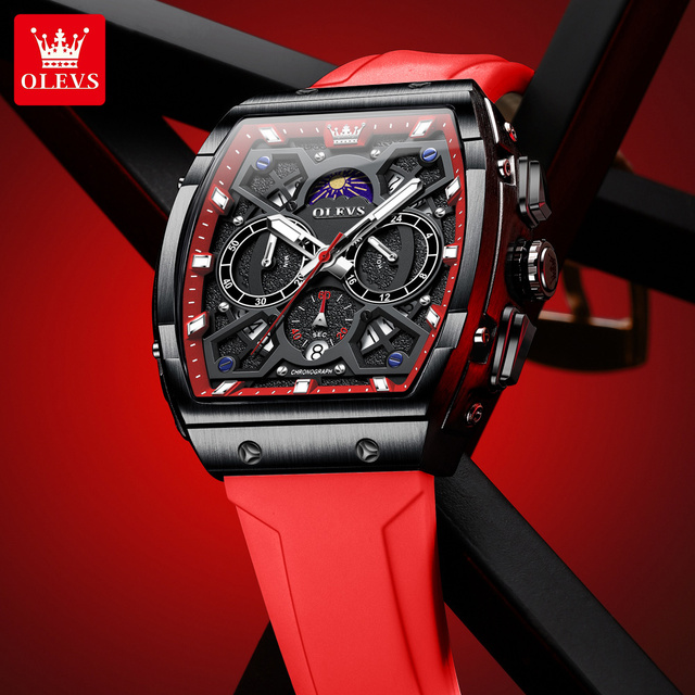 OLEVS  2942 Oem logo Multifunctional Moon Phase Hollow Skeleton Luminous Sports Waterproof Rubber Band Quartz Watch for Man