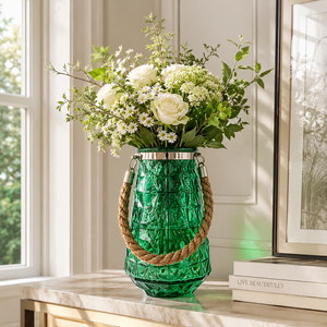 <span class=keywords><strong>Grand</strong></span> <span class=keywords><strong>vase</strong></span> à fleurs en verre texturé avec poignée en corde pour la décoration intérieure, les événements de mariage, les hôtels, les fleuristes et les collections de cadeaux de détail - Product Image 2