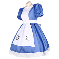 Disfraz de Cosplay de Alice Maid, Vestido Azul y Blanco con Manchas de Sangre, Tela de Poliéster, Verano 2025, para Halloween, Juegos, Anime, Juego de Rol