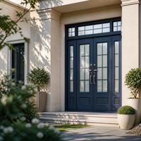 Porte d'entrée moderne en acier et verre à 4 panneaux avec transom, porte extérieure de sécurité double avec panneaux latéraux