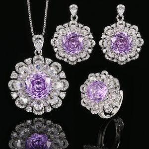 Fashion Jewelry Eco-friendly Copper 12-10mm Purple Zircon Jewelry Flowers Design Necklace <b>Set</b> for Women Romantic Bridal Style - Product Image 3