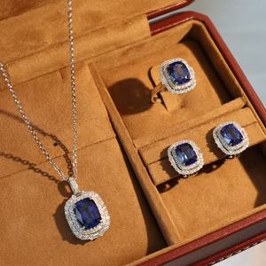 סט תכשיטים יוקרתי של OUCHEN משובץ ספיר, יהלומים ופנינים, כולל שרשרת, עגילים וטבעת, לנשים, מתנה למסיבה - Product Image 4