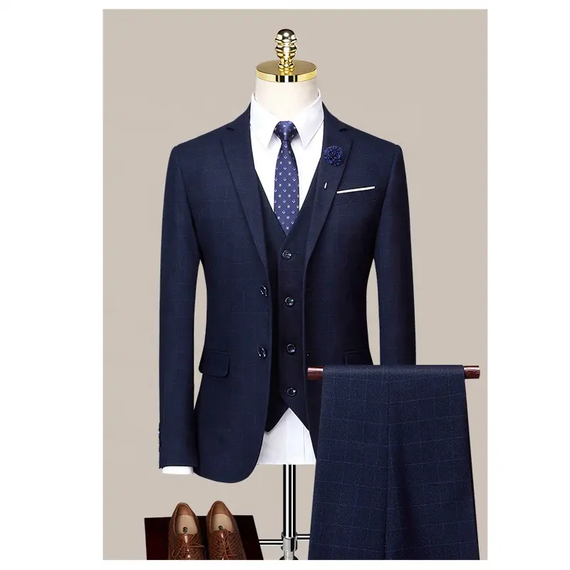 Wholesale Men's Fancy Suits & Blazer Navy Blue Business Sim Fit Suit Sets Plus Size Formal Office 3 Pieces Plaid Suits