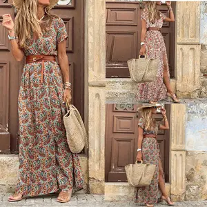 Vrouwen Bohemian Jurk Casual Lange Maxi Jurk Korte Mouw Bloemenprint Elegante Strand Jurk Met Riem