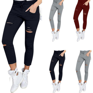 <span class=keywords><strong>Cargo</strong></span> Pantaloni Delle Donne di Modo Sottile A Vita Alta Elastica Skinny Rotto Foro Pantaloni Della Matita di Colore Solido Streetwear Pantaloni Delle Donne - Product Image 1