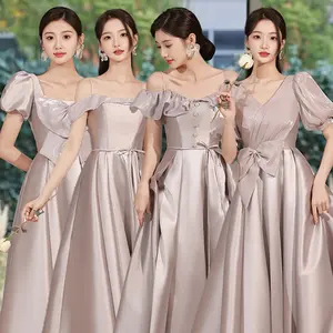 Gaun pengiring pengantin wanita, Dress elegan Satin, pesta pernikahan, selebriti 4 gaya