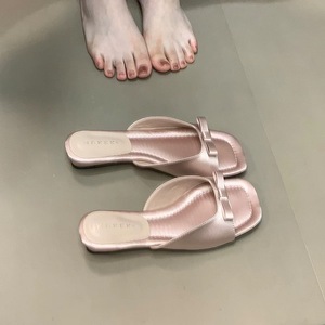 Women's Elegant <b>Red</b> Sandals 2026 New French Style Bow Square Toe Flat Sandals Versatile Summer Shoes - Product Image 6